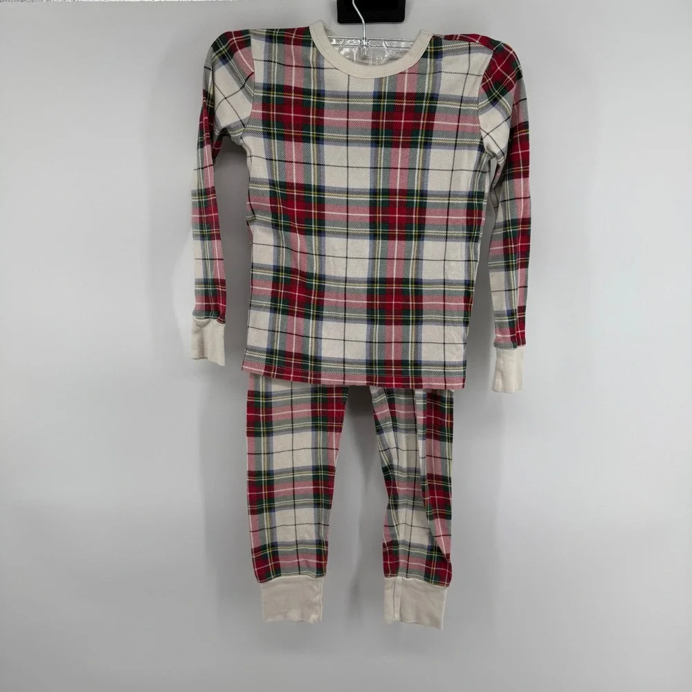 GAP Kids Boys Girls Plaid Pajama‎ Set Long Sleeve Bottoms Cream Red Green Size 8